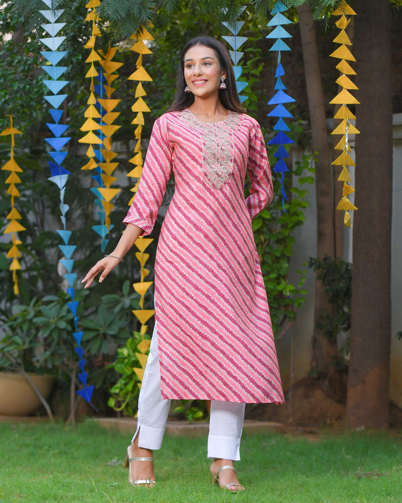 PINK MUSLIN KURTA WITH MAROON STRIPES