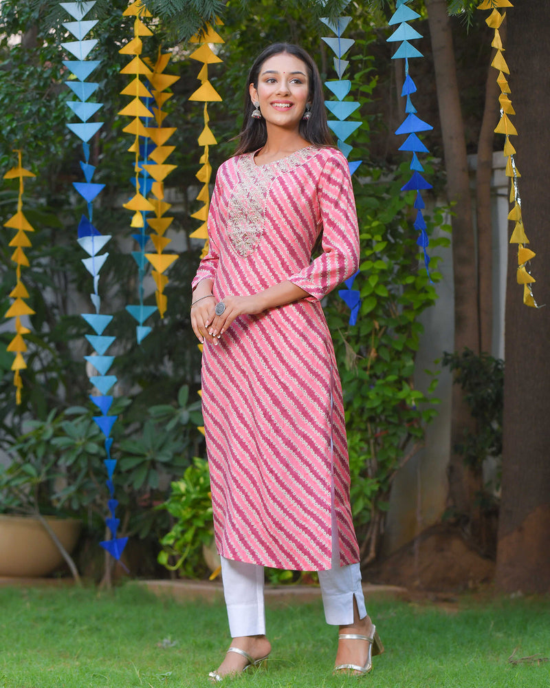 PINK MUSLIN KURTA WITH MAROON STRIPES