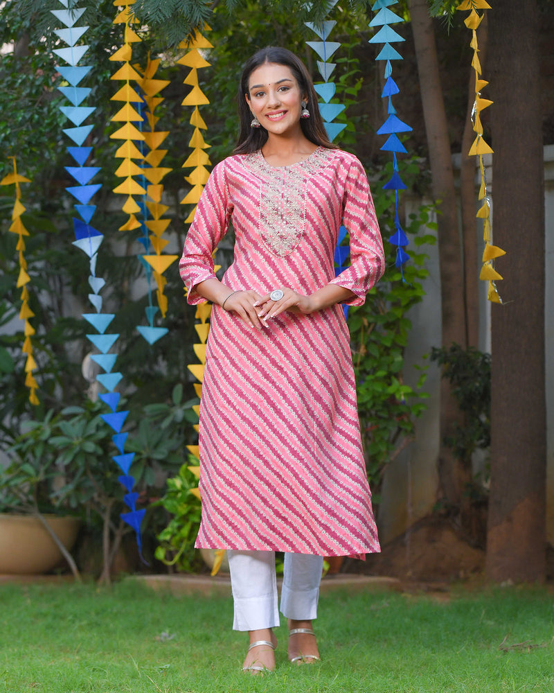 PINK MUSLIN KURTA WITH MAROON STRIPES