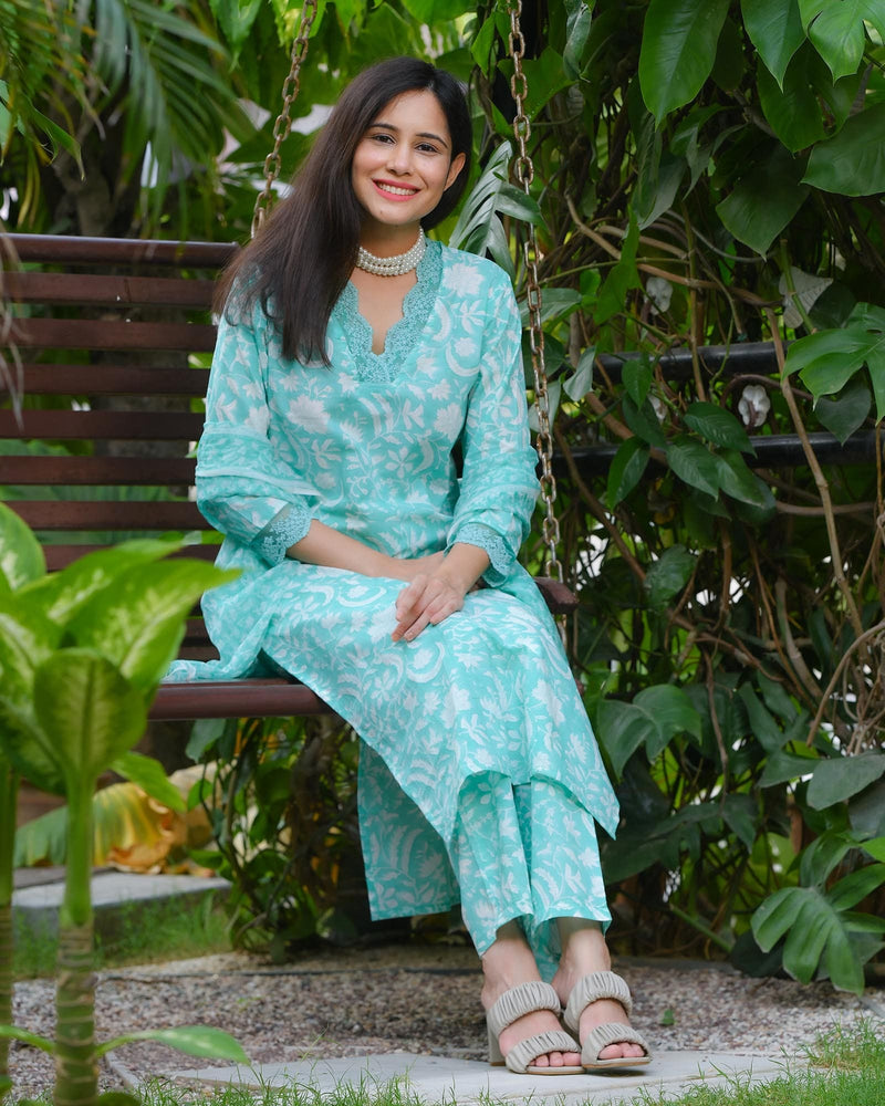SEA GREEN COASTAL COTTON HANDBLOCK SUIT SET
