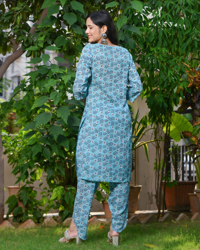 TEAL BLUE HANDBLOCK COTTON DHOTI SET
