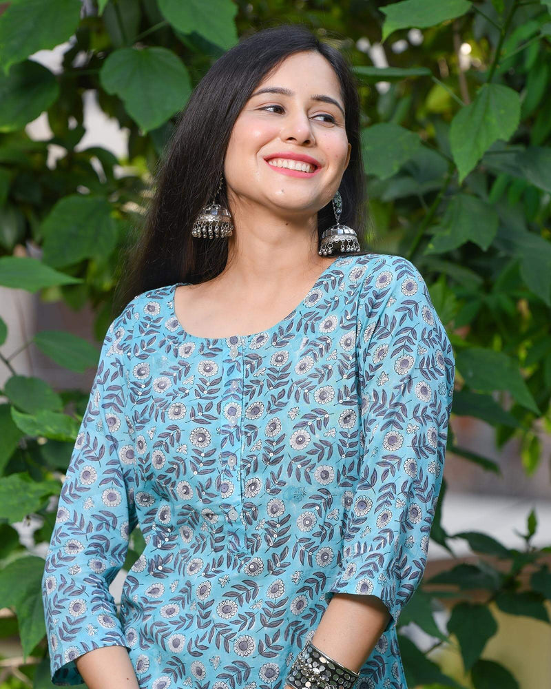 TEAL BLUE HANDBLOCK COTTON DHOTI SET