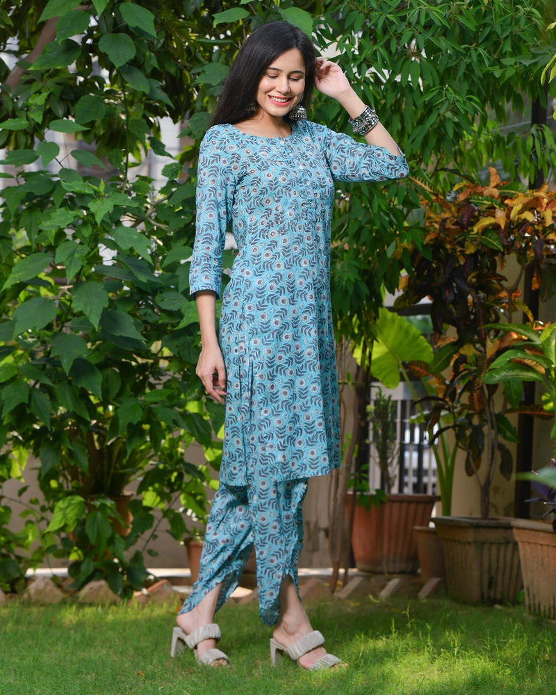 TEAL BLUE HANDBLOCK COTTON DHOTI SET