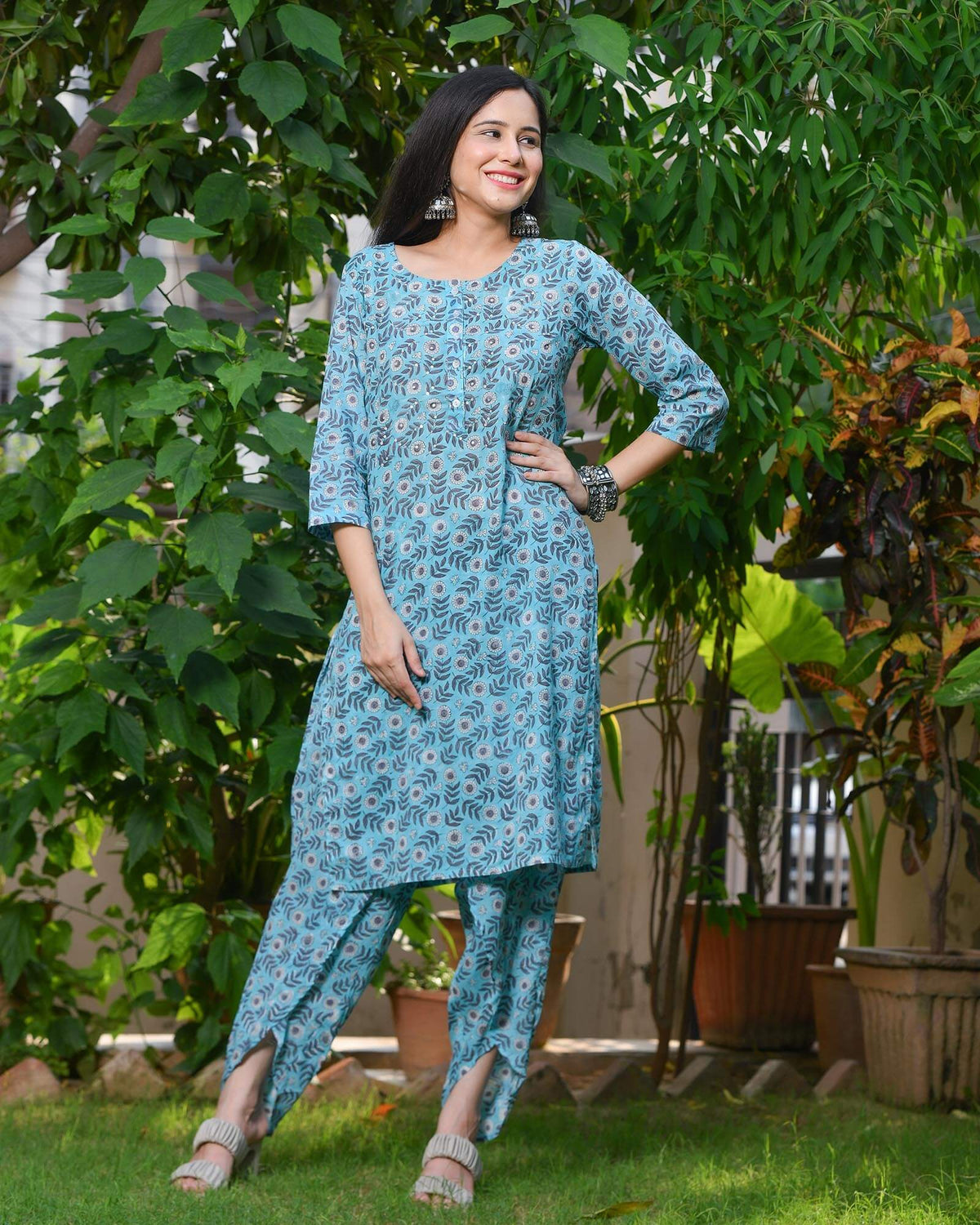 TEAL BLUE HANDBLOCK COTTON DHOTI SET