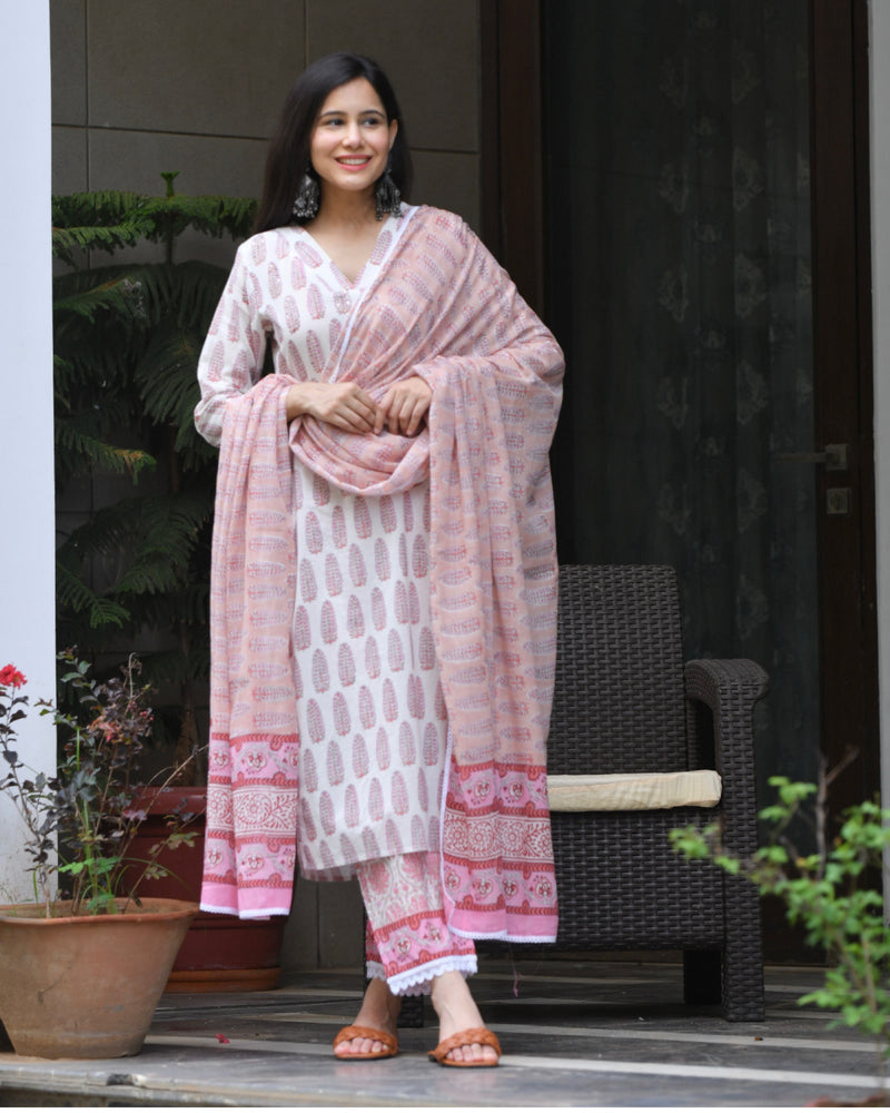 WHITE & BRICK HANDBLOCK COTTON SUIT SET