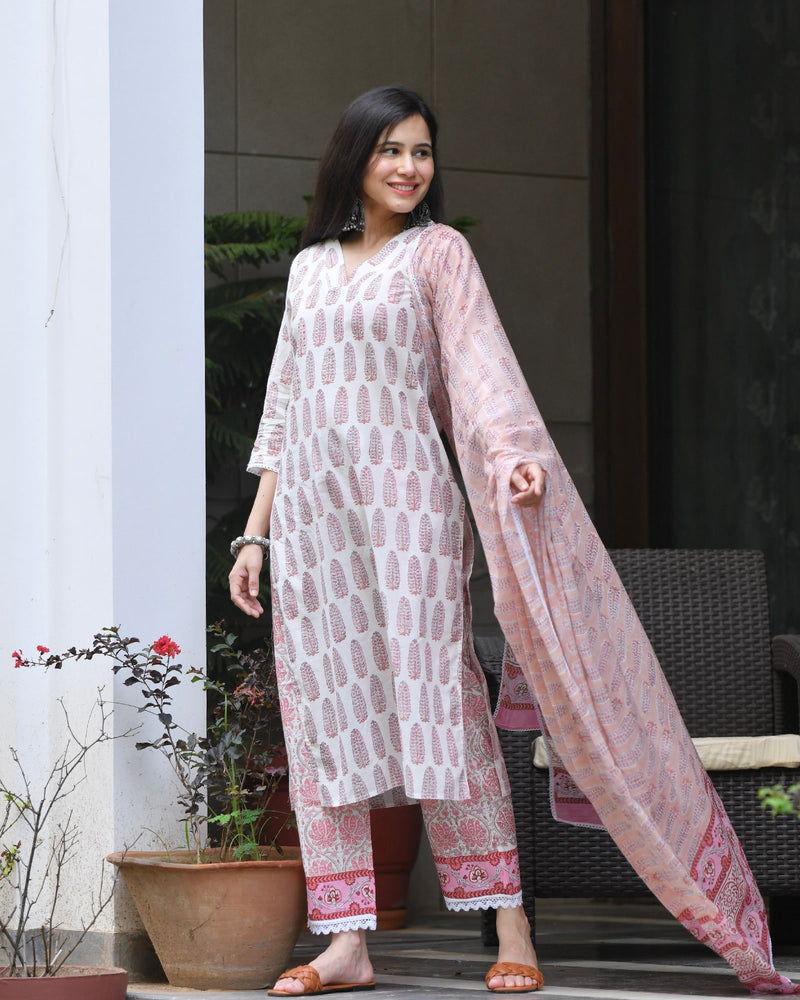 WHITE & BRICK HANDBLOCK COTTON SUIT SET