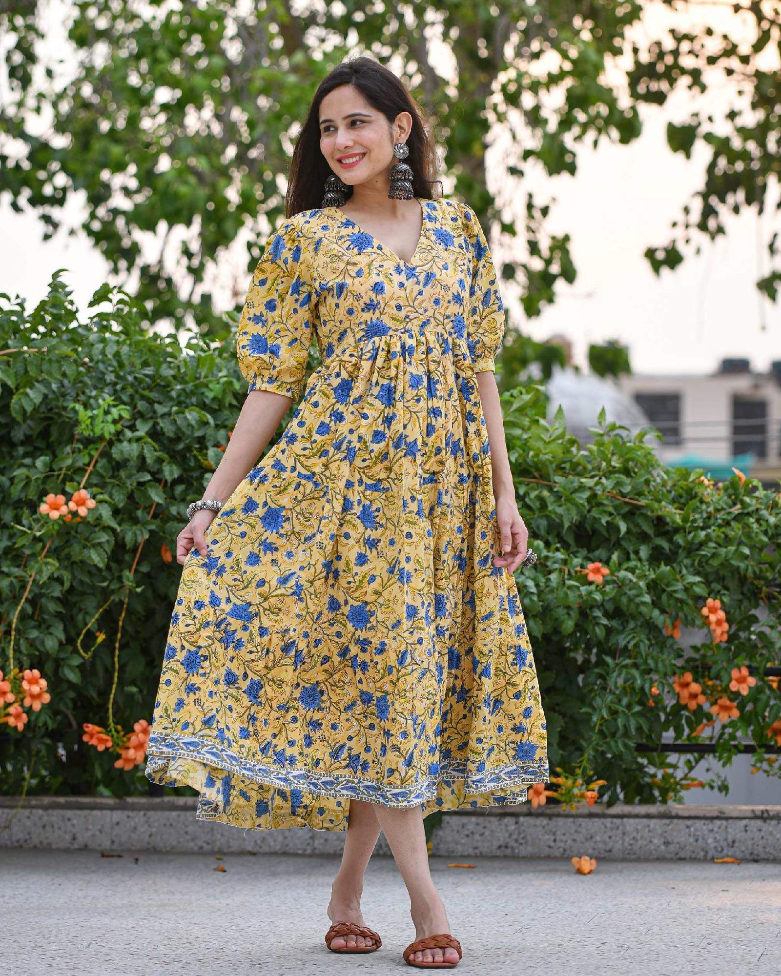 YELLOW FLORAL PRINT HANDBLOCK COTTON DRESS Gulabi Dori YELLOW FLORAL PRINT HANDBLOCK COTTON DRESS Gulabi Dori