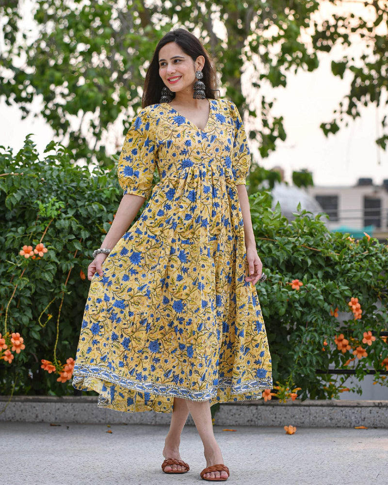 YELLOW FLORAL PRINT HANDBLOCK COTTON DRESS Gulabi Dori YELLOW FLORAL PRINT HANDBLOCK COTTON DRESS Gulabi Dori