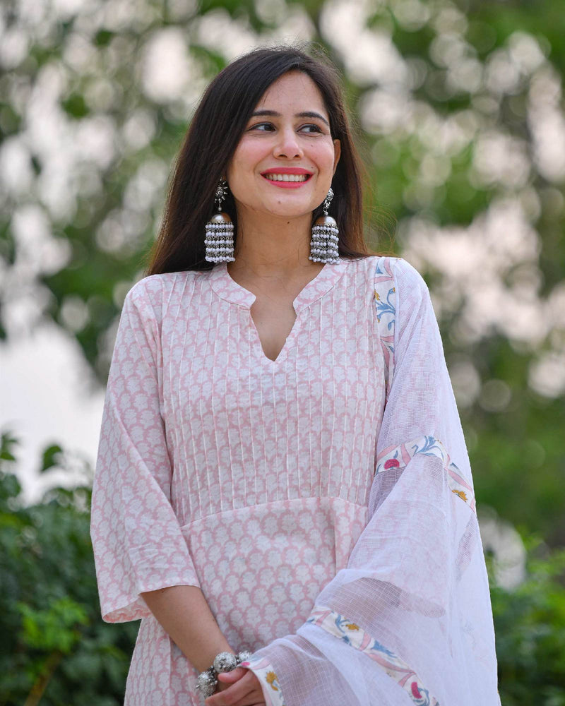PINK & WHITE HANDBLOCK COTTON SUIT SET