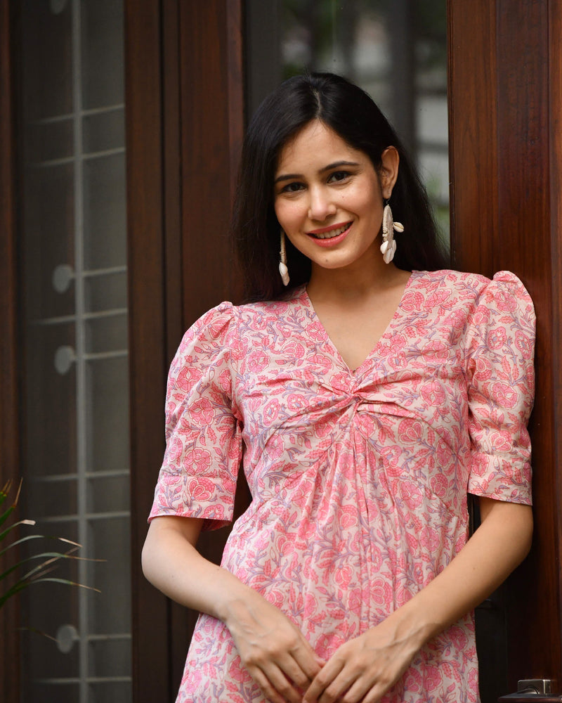 PINK HANDBLOCK COTTON KNOT DRESS
