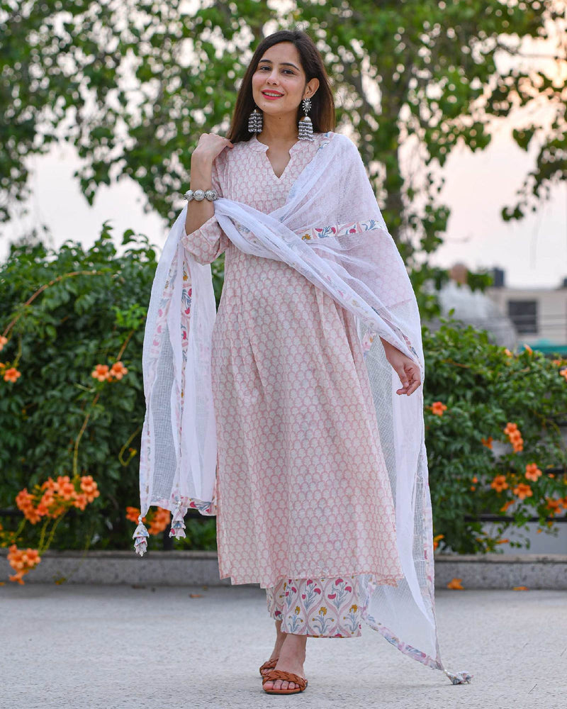 PINK & WHITE HANDBLOCK COTTON SUIT SET