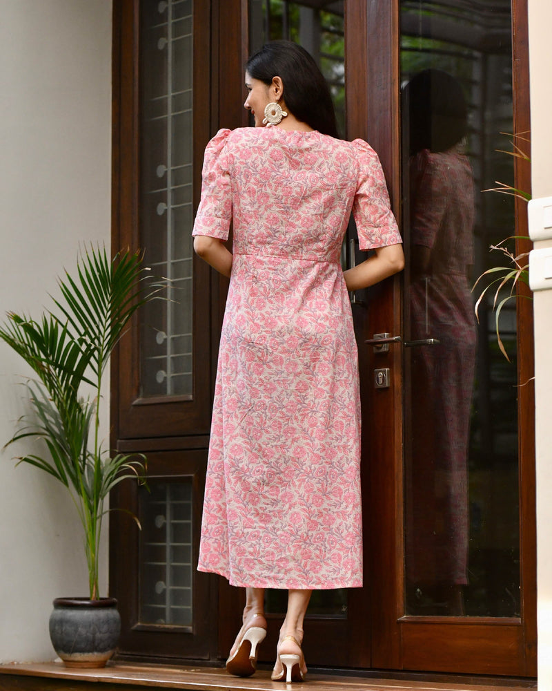 PINK HANDBLOCK COTTON KNOT DRESS