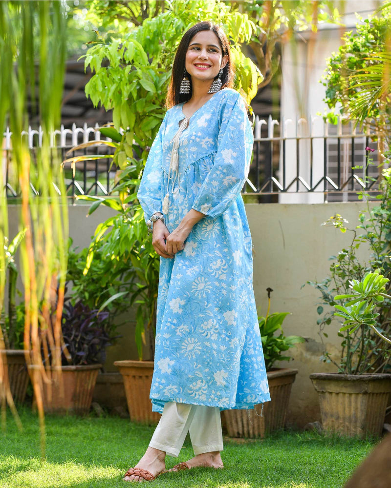 BLUE HANDBLOCK COTTON KURTA SET