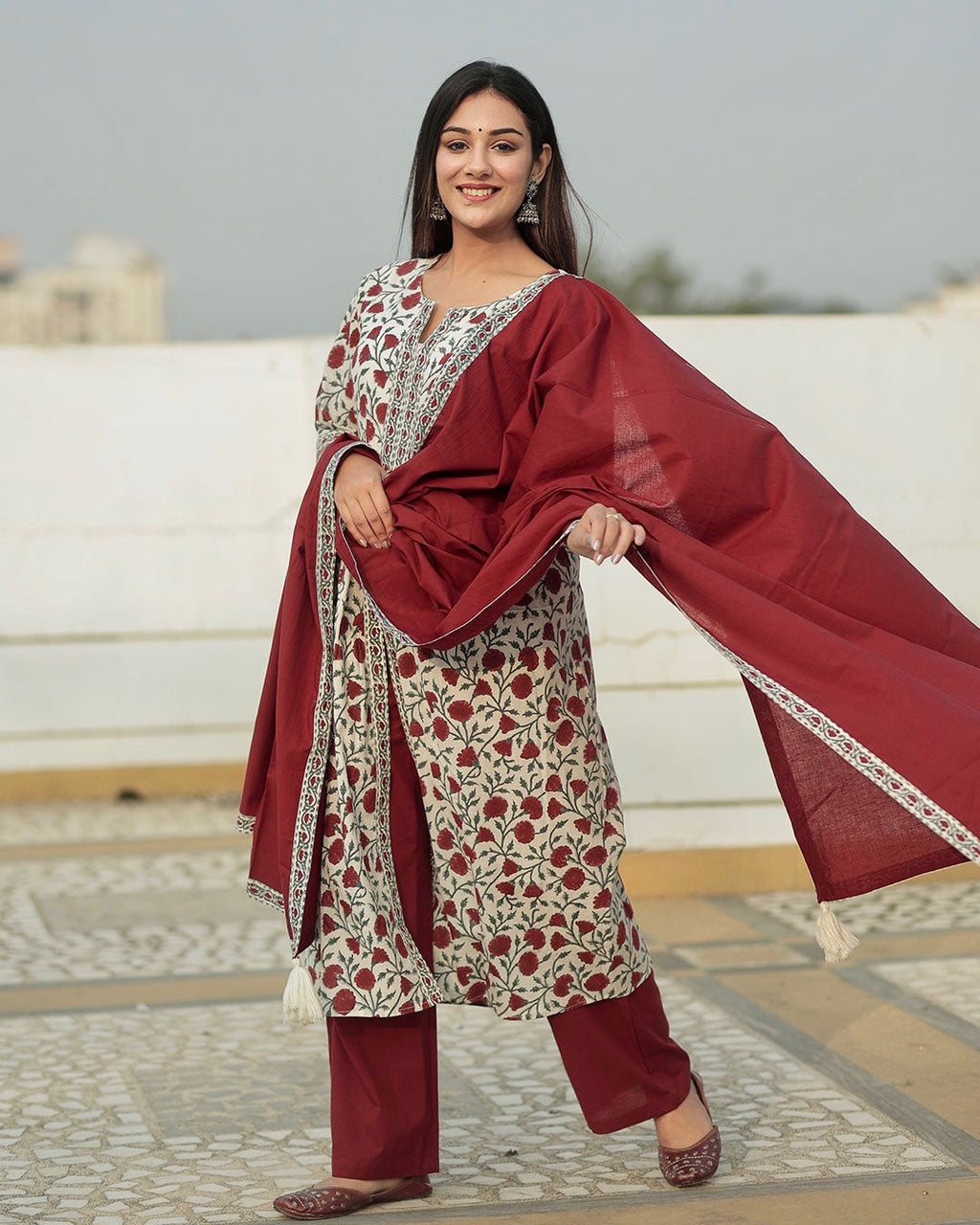WHITE & MAROON HANDBLOCK SUIT SET