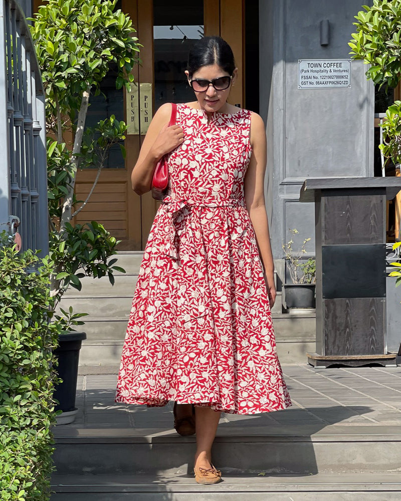 RED & WHITE A-LINE HANDBLOCK DRESS