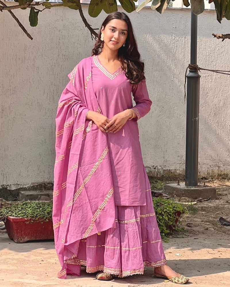 ROSE PINK COTTON SHARARA SET WITH GOTTA WORK
