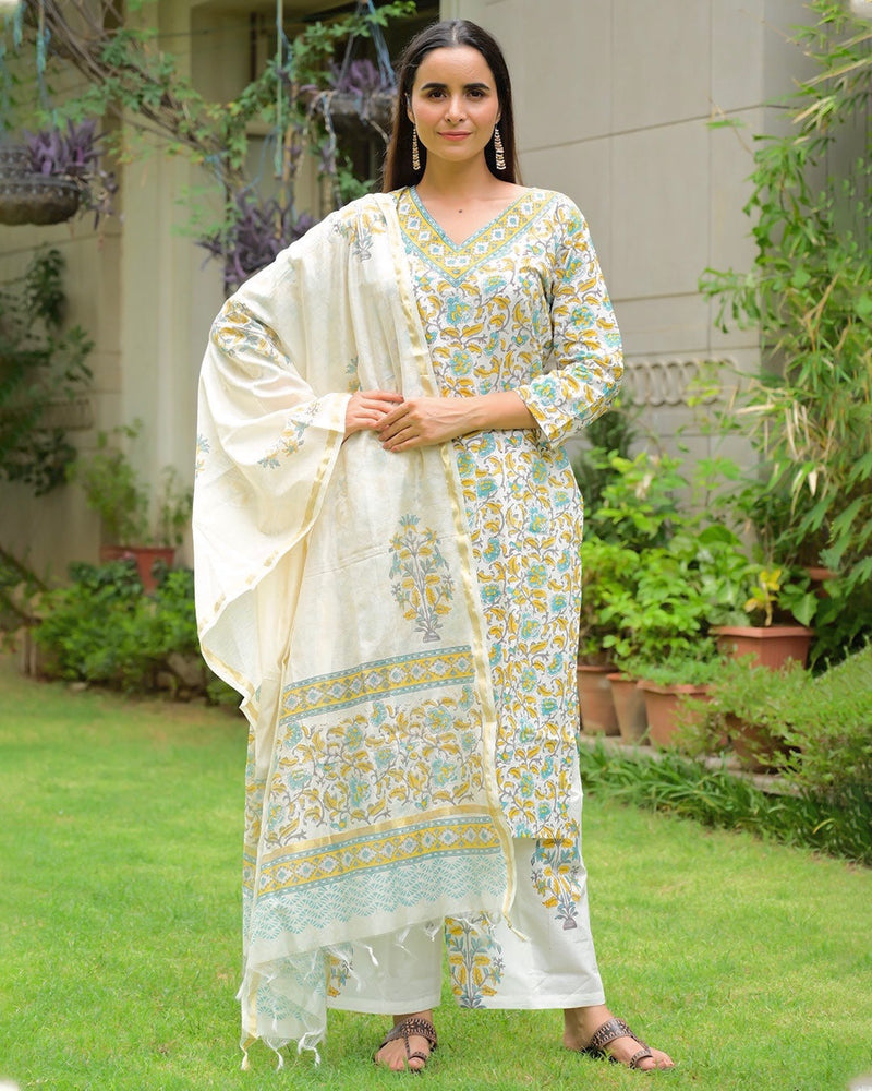 YELLOW & SEA GREEN HANDBLOCK SUIT SET