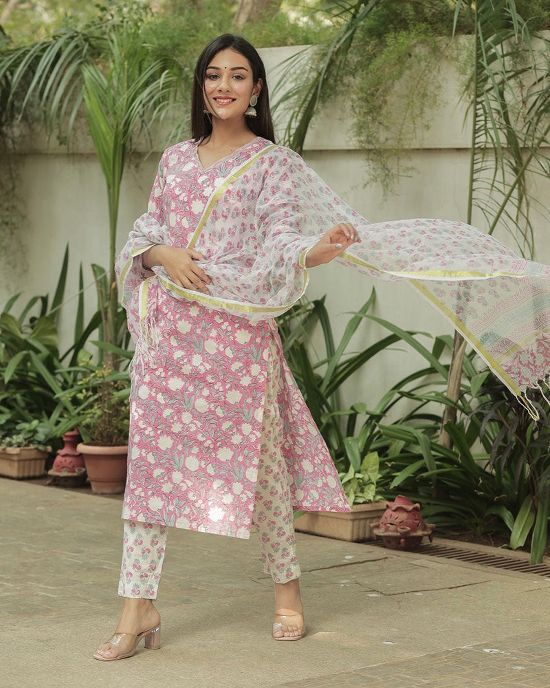 PINK HANDBLOCK SUIT SET WITH ORGANZA WORK