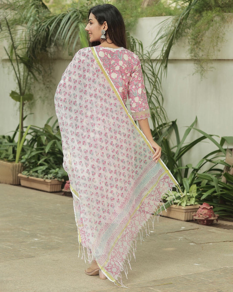 PINK HANDBLOCK SUIT SET WITH ORGANZA WORK