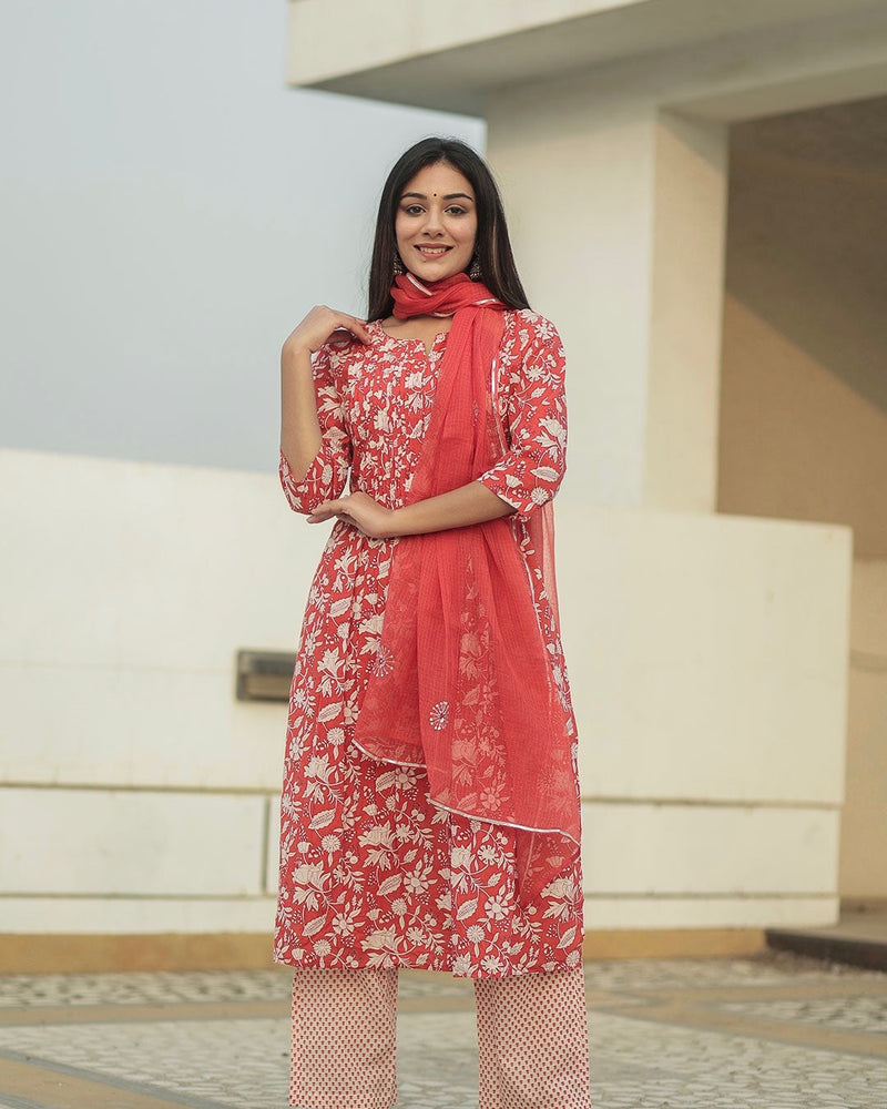 RED & WHITE COTTON HANDBLOCK SUIT SET