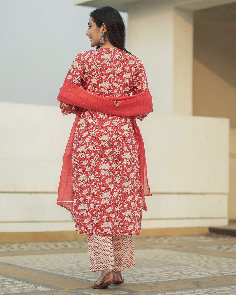 RED & WHITE COTTON HANDBLOCK SUIT SET
