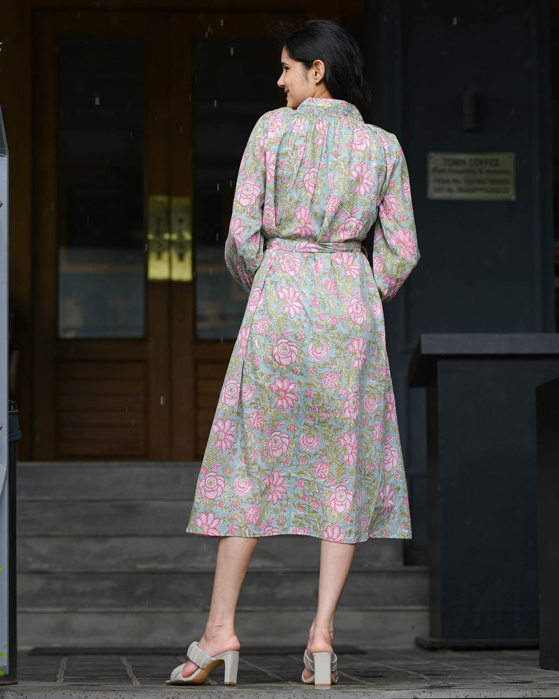 GREEN & PINK VOIL HANDBLOCK DRESS