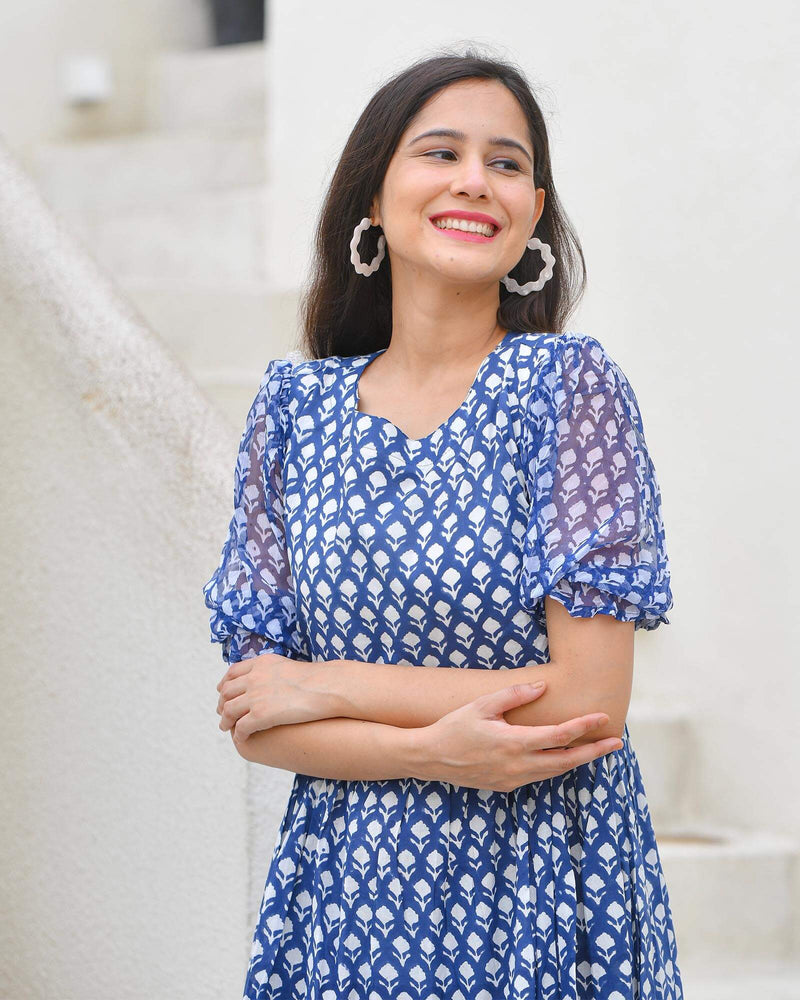 INDIGO PRINT HANDBLOCK DRESS