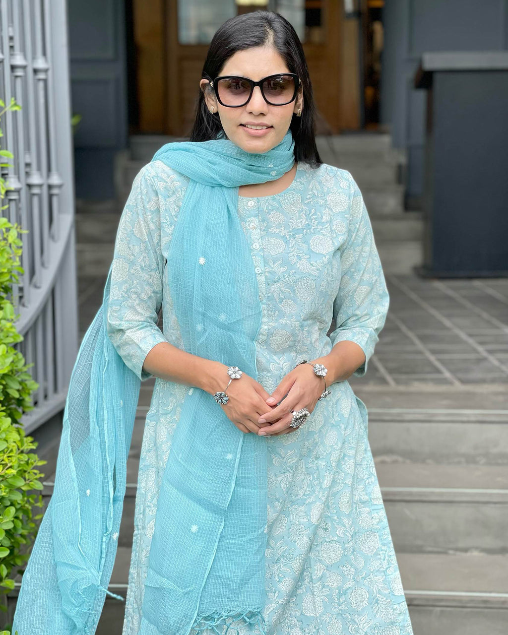 SKY BLUE COTTON HANDBLOCK SUIT SET