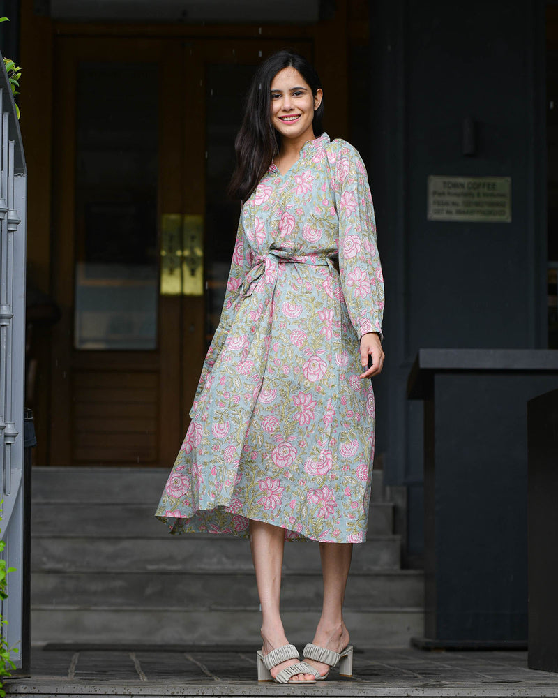 GREEN & PINK VOIL HANDBLOCK DRESS
