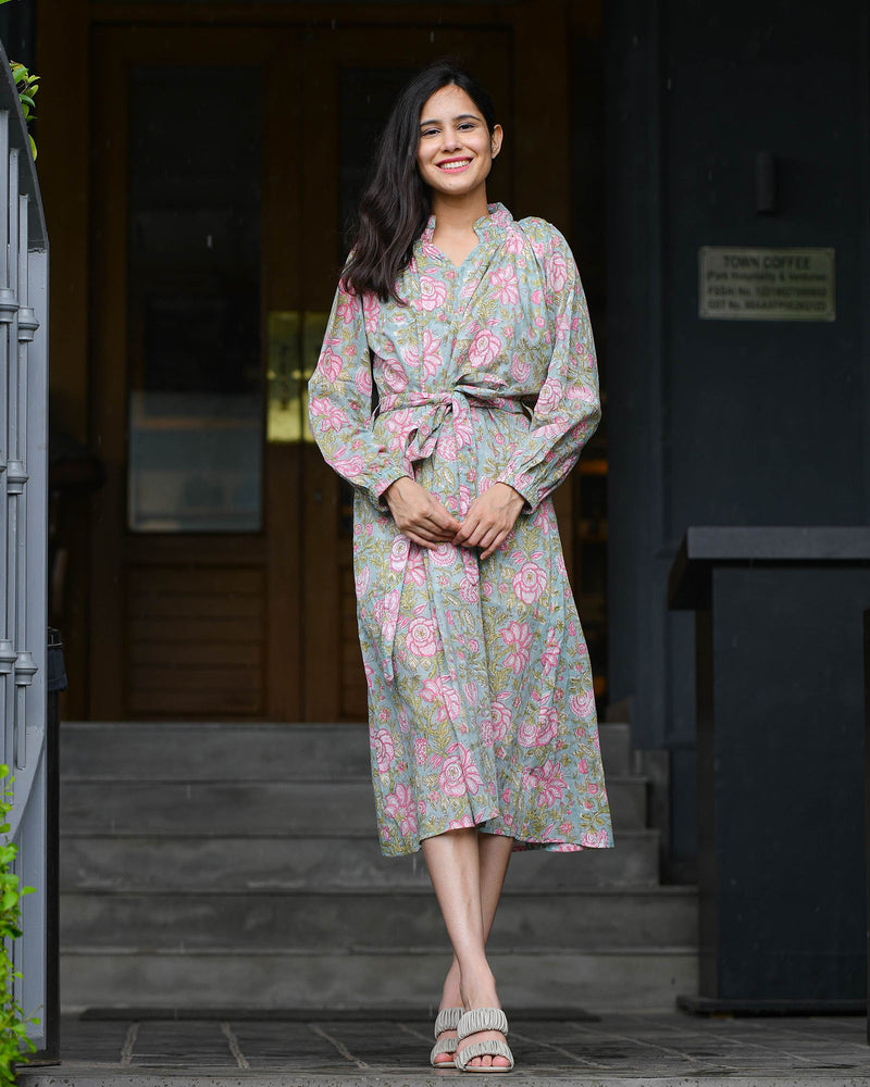 GREEN & PINK VOIL HANDBLOCK DRESS