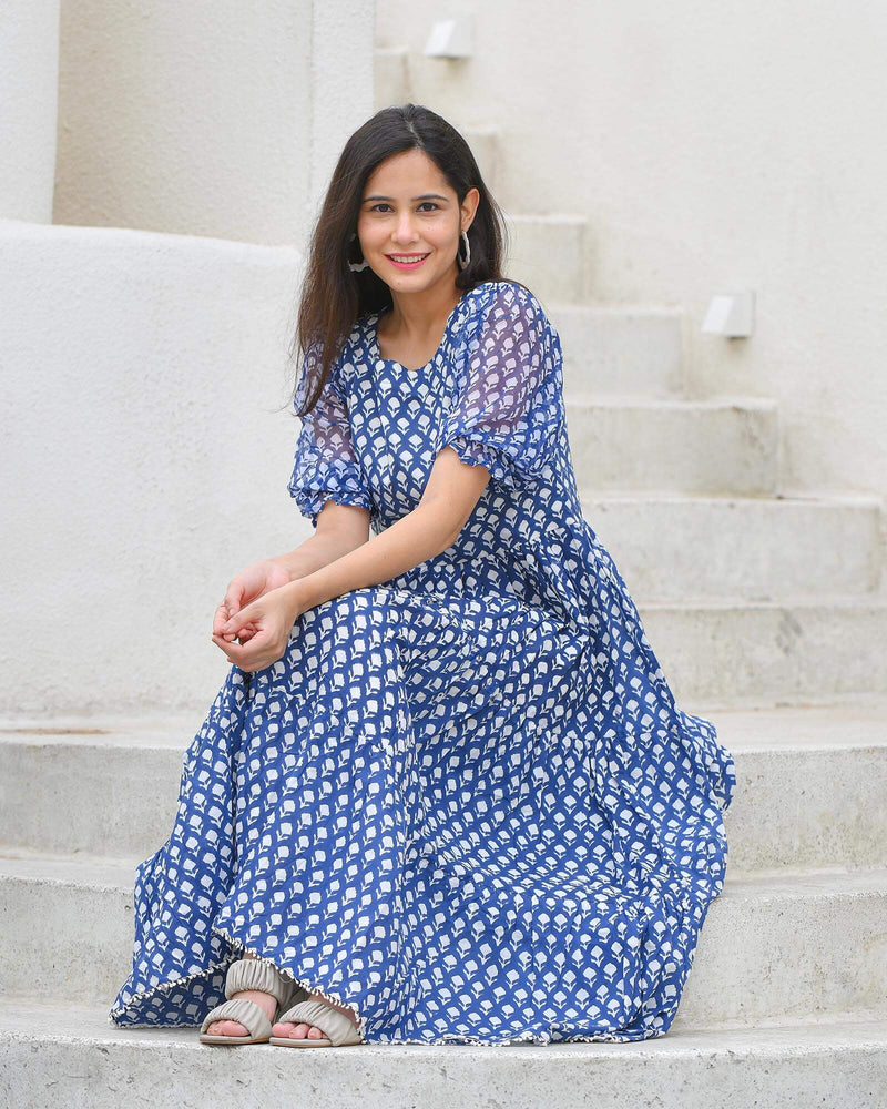 INDIGO PRINT HANDBLOCK DRESS
