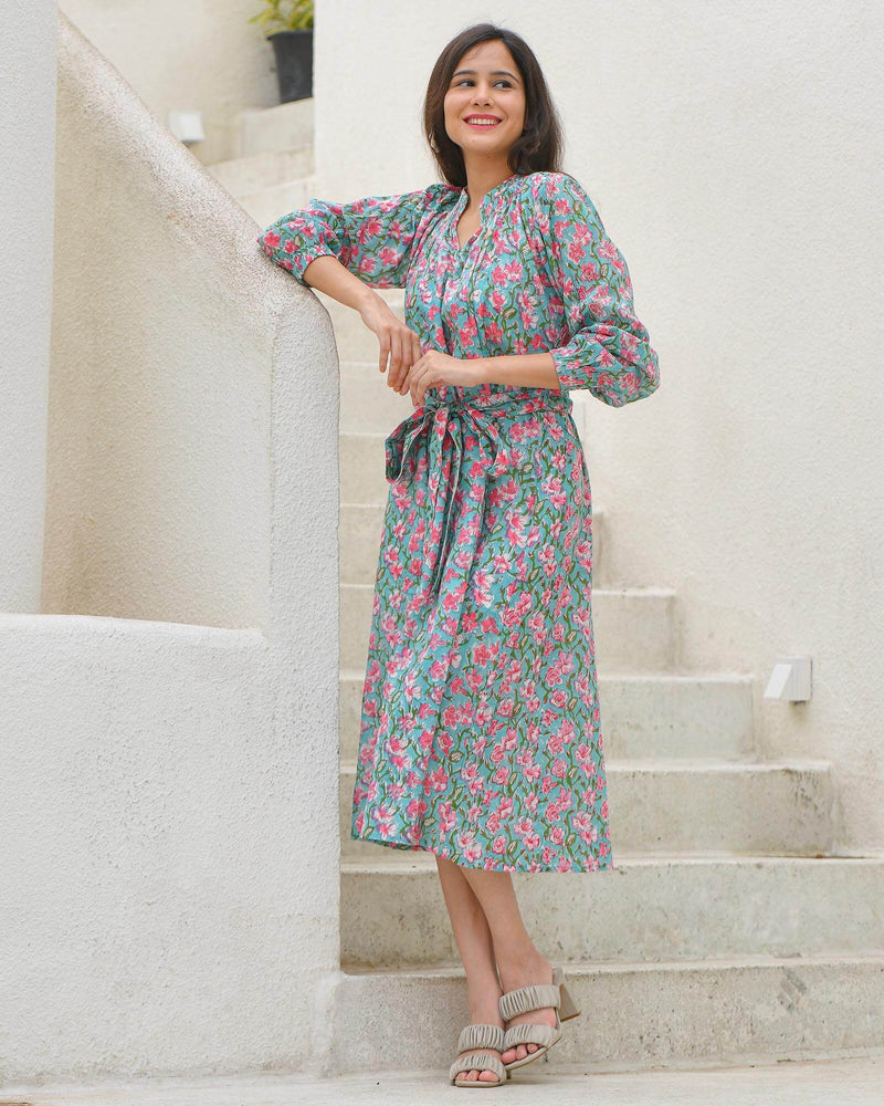 TEAL & PINK COTTON HANDBLOCK DRESS