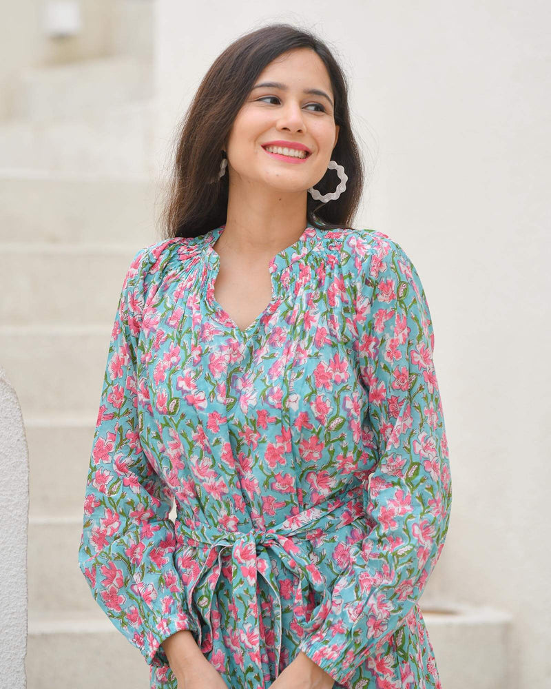 TEAL & PINK COTTON HANDBLOCK DRESS