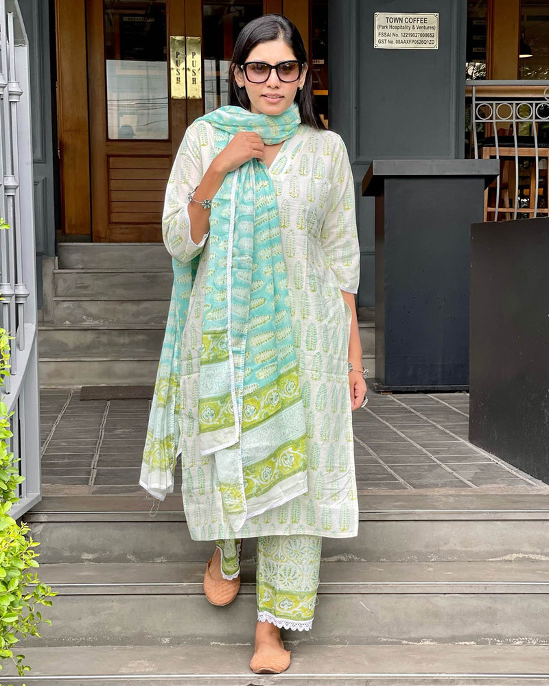 GREEN & WHITE COTTON HANDBLOCK SUIT SET