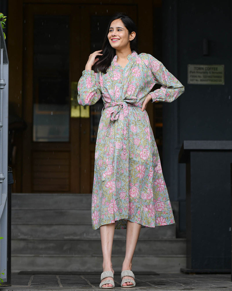 GREEN & PINK VOIL HANDBLOCK DRESS