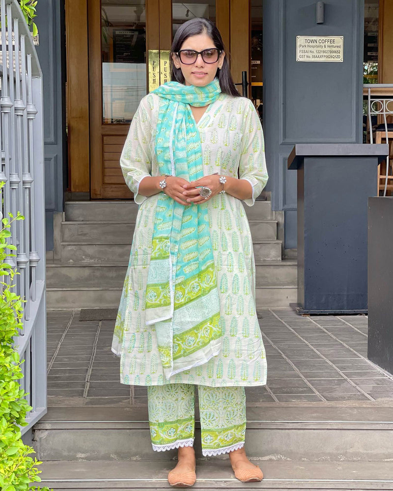 GREEN & WHITE COTTON HANDBLOCK SUIT SET