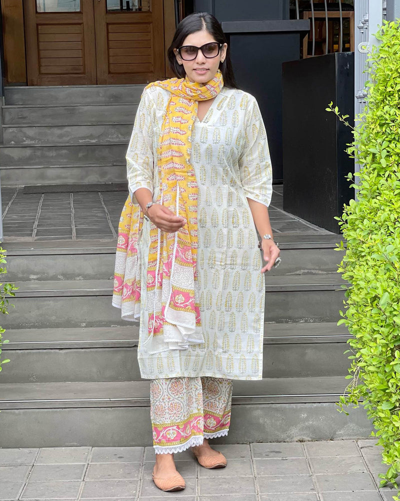 WHITE & MUSTARD HANDBLOCK SUIT SET