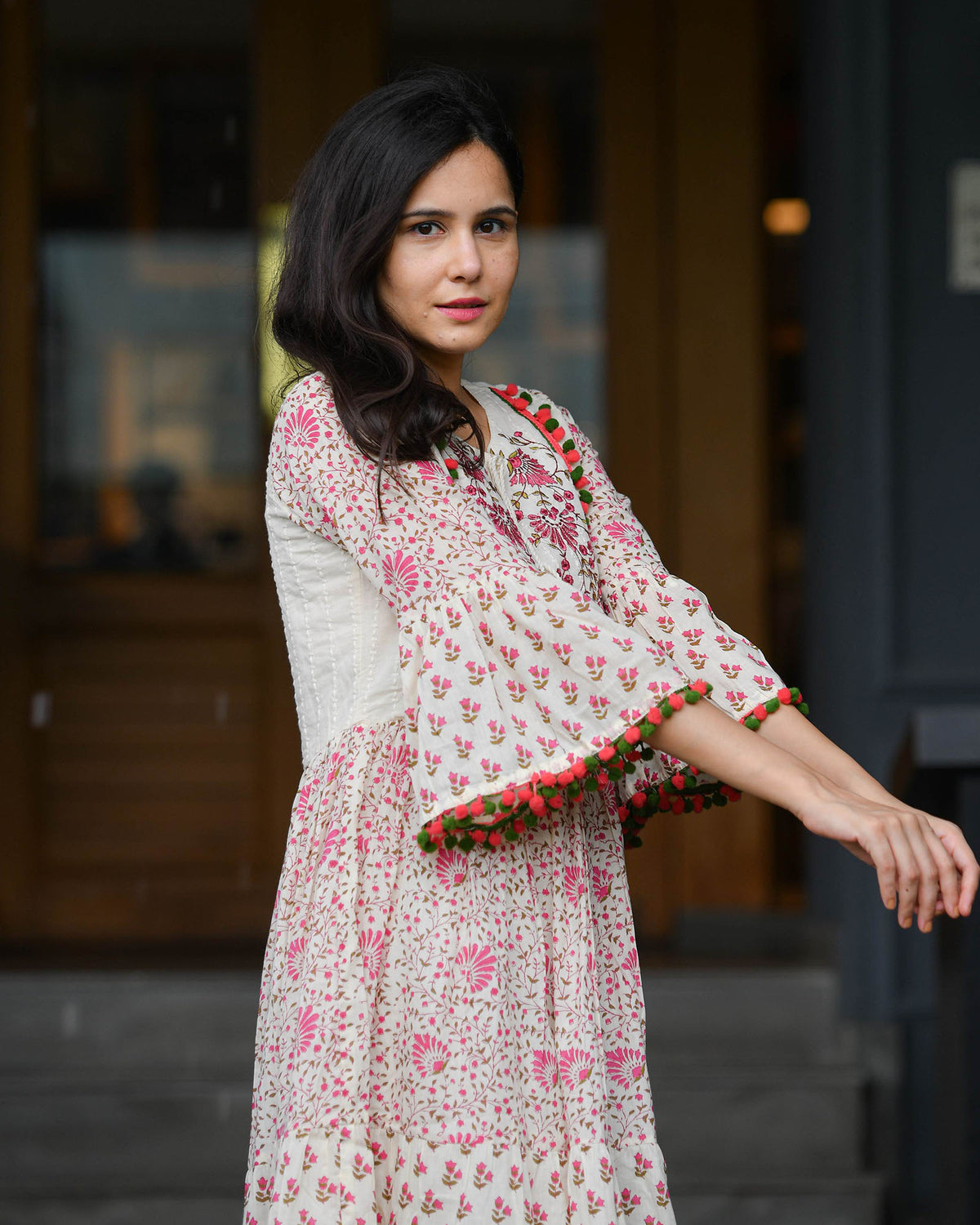WHITE POM POM SCHIFFLI COTTON DRESS
