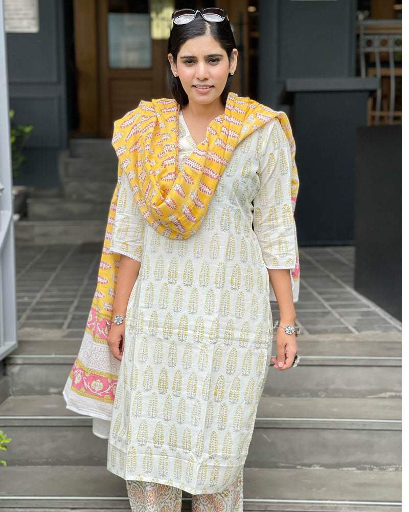 WHITE & MUSTARD HANDBLOCK SUIT SET
