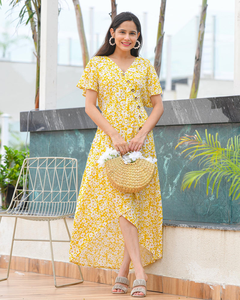 YELLOW ASSYMETRIC RAYON DRESS