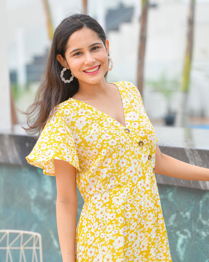 YELLOW ASSYMETRIC RAYON DRESS