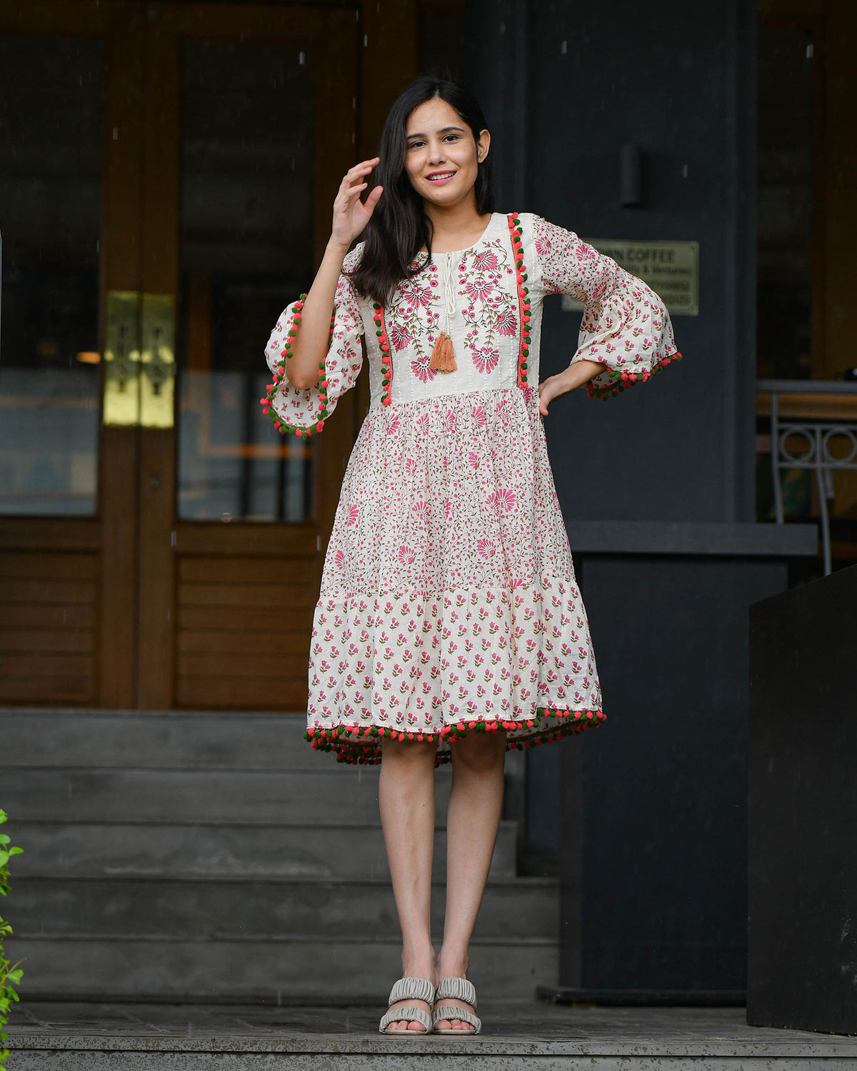 WHITE POM POM SCHIFFLI COTTON DRESS
