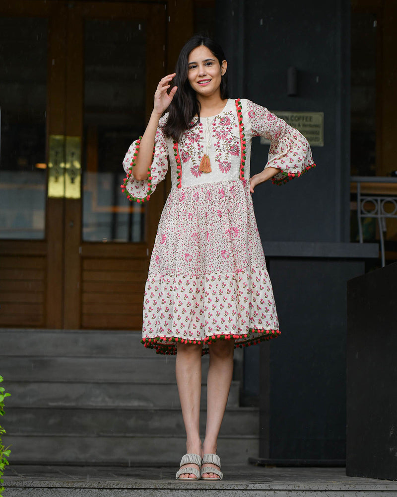 WHITE POM POM SCHIFFLI COTTON DRESS