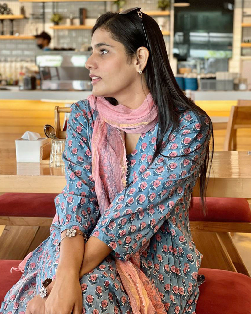 BLUE & PINK HANDBLOCK COTTON SUIT SET