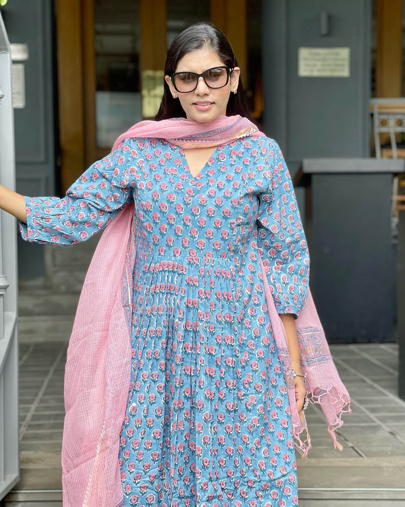 BLUE & PINK HANDBLOCK COTTON SUIT SET