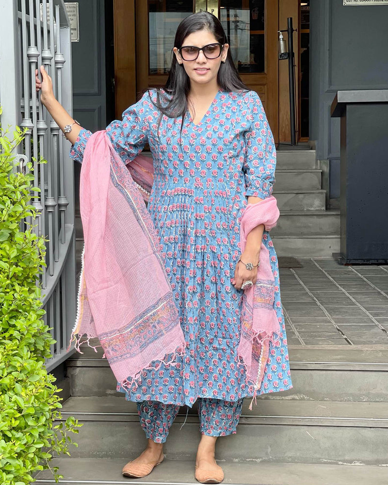BLUE & PINK HANDBLOCK COTTON SUIT SET