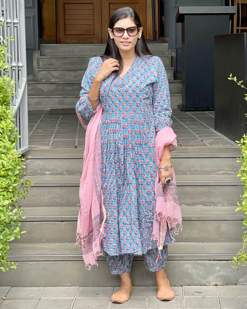 BLUE & PINK HANDBLOCK COTTON SUIT SET