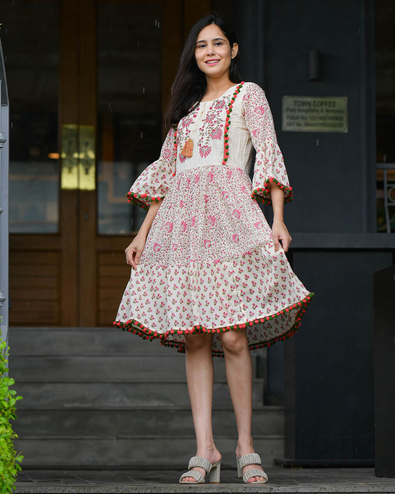 WHITE POM POM SCHIFFLI COTTON DRESS