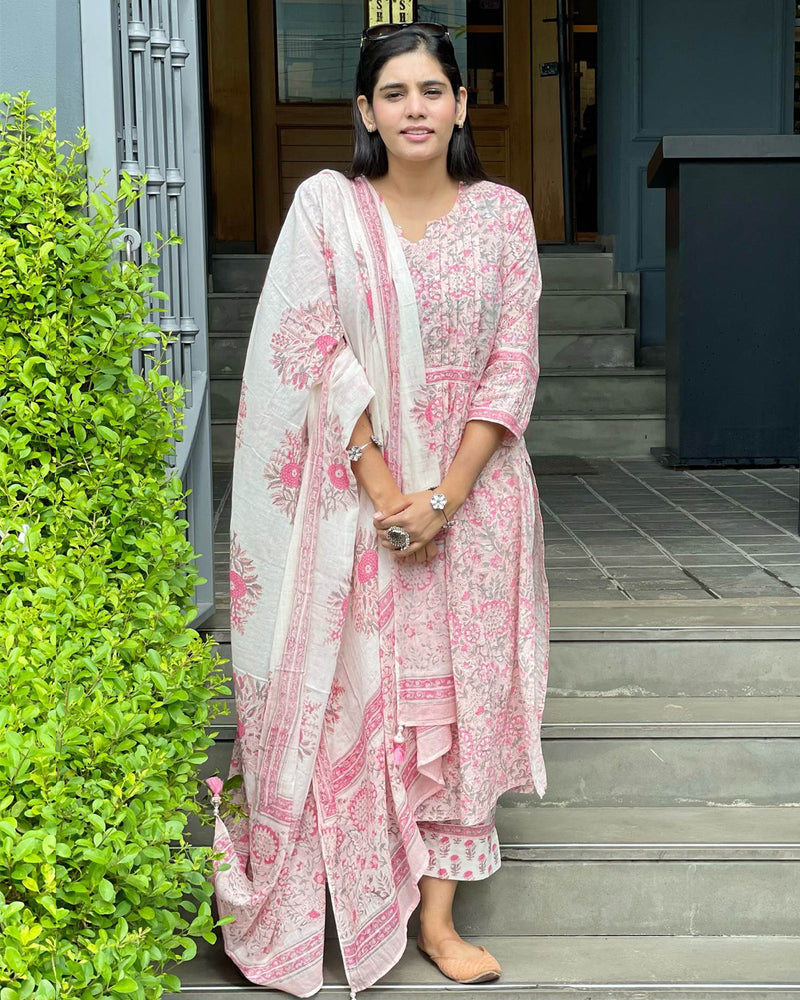 PINK HANDBLOCK SUIT SET WITH VOIL DUPATTA