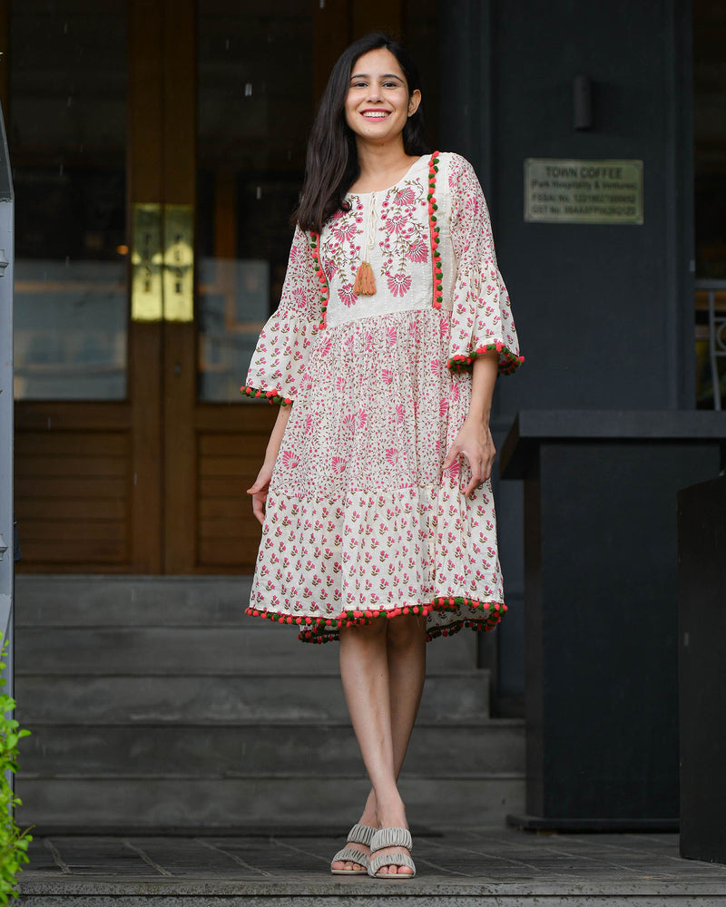 WHITE POM POM SCHIFFLI COTTON DRESS